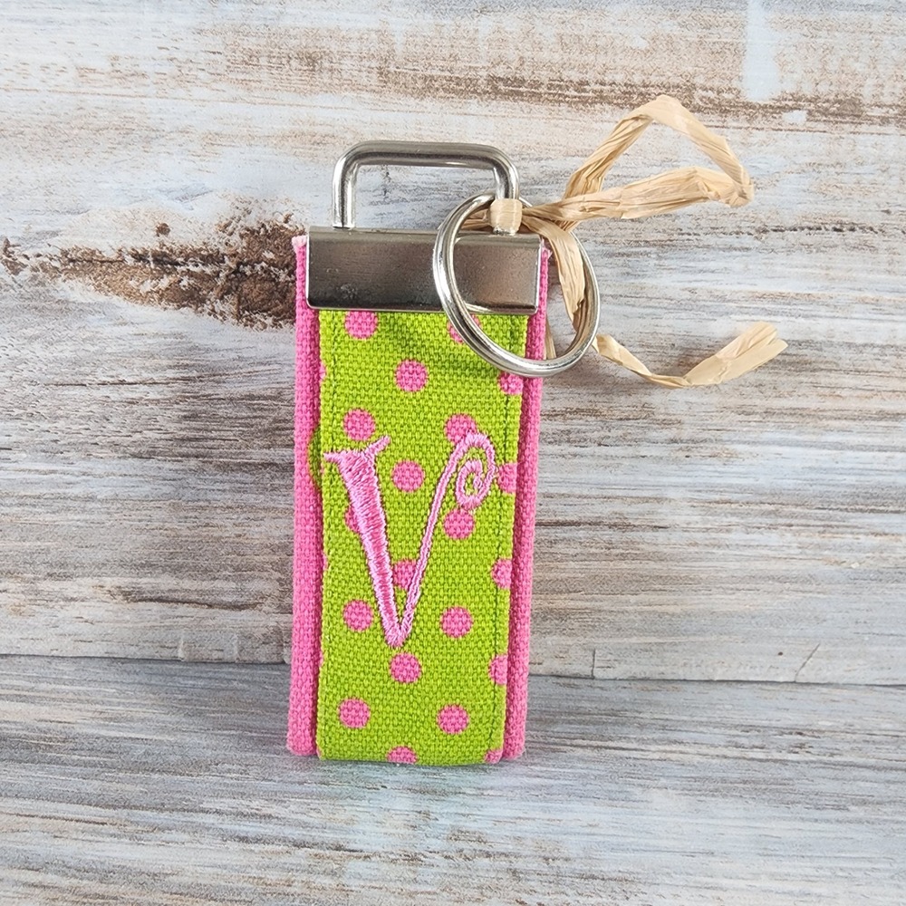Personalized Initial V Wristlet Keychain Green Pink Polka Dot Canvas Key Fob
